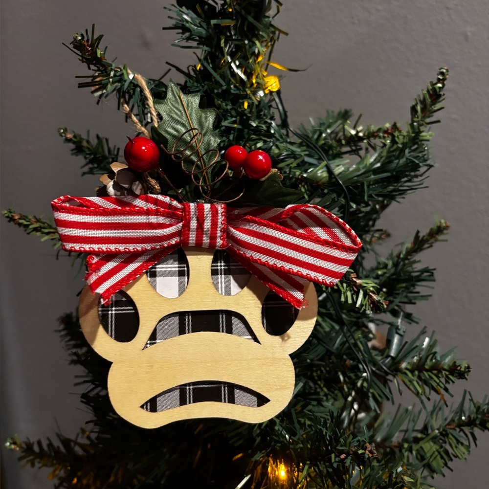 Plaid Paw Ornament with Red Bow